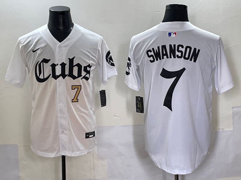 Men 2025 Chicago Cubs #7 Swanson White Five generations Joint Name Nike MLB Jersey style 2